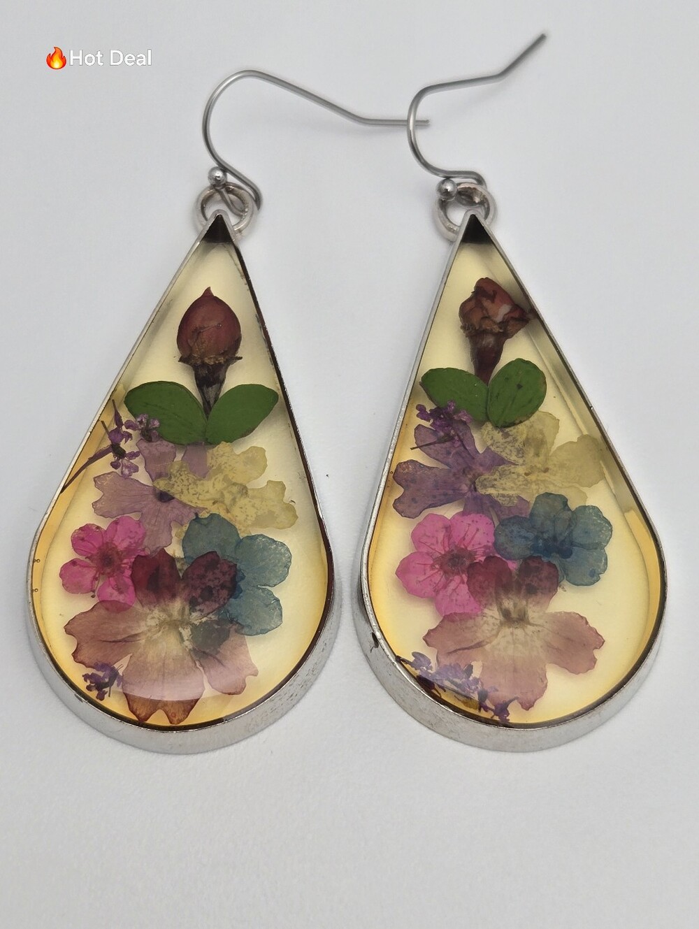 Handmade Dried Flower Resin Teardrop Earrings Real Forget-Me-Not Rose Fern 2.25"